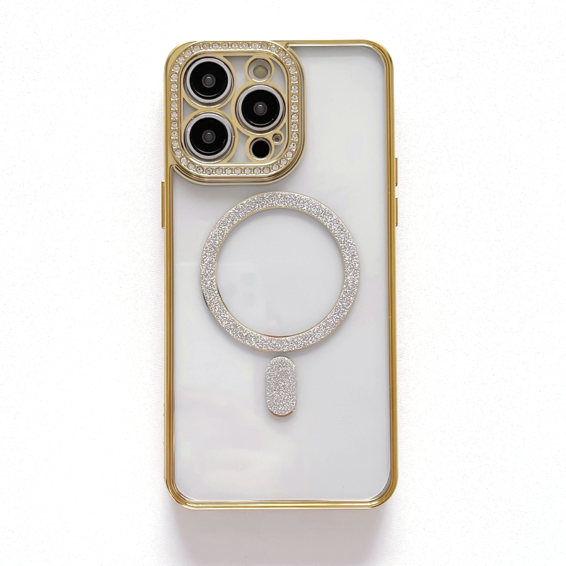 Bling Diamond magnetische kabellose Ladehüllen für iPhone 15 14 Pro MAX Plus 13 12 11, verchromter weicher TPU-Magnet, luxuriöse vergoldete metallische Strasssteine, feines Loch, Gel-Rückseite