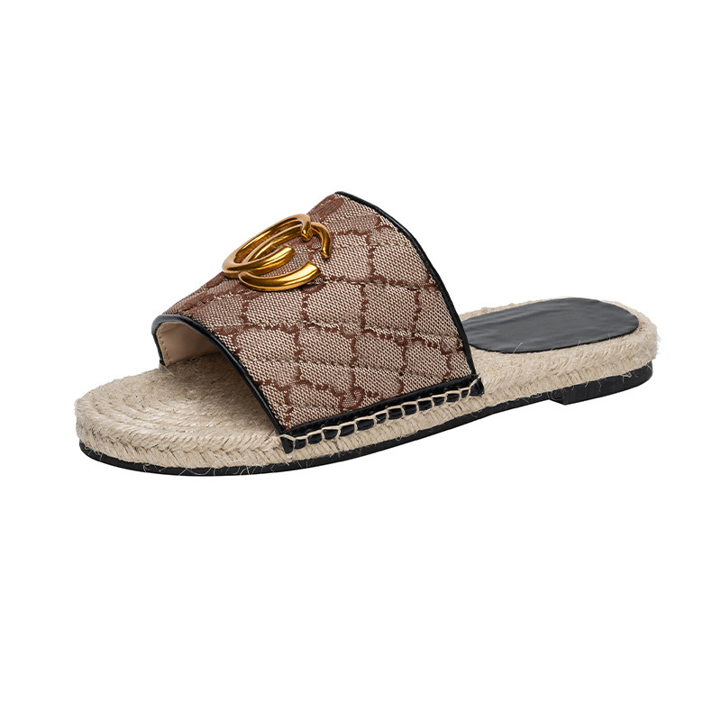 Designer Sandalen Vrouwen Slippers Lederen Espadrille slippers Luxe Slipper Platte Platform Slides G Metalen gesp Dubbele Strandvisser stro hennep koord Geweven Schoenen