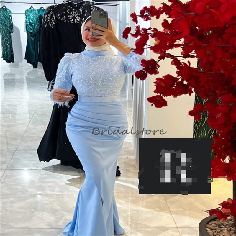 Beautiful Blue Muslim Prom Dress With Feather 2023 High Neck Sequin Mermaid Arabic Evening Dress Elegant Abaya Formal Party Gown robe de soiree Female vestidos