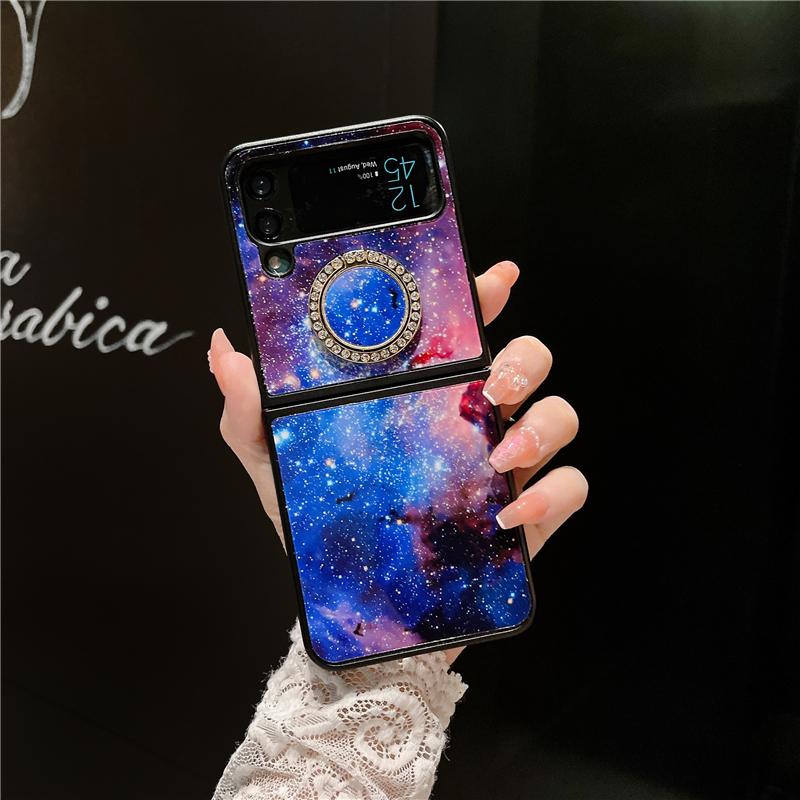 Luxuriöse Space Vogue-Handyhülle für Samsung Galaxy Folding Z Flip3 Flip4 5G, langlebig, Diamant-Ringhalter, vollständig schützende, weiche Stoßstange, Galaxy Starry Fold Shell, stoßfest