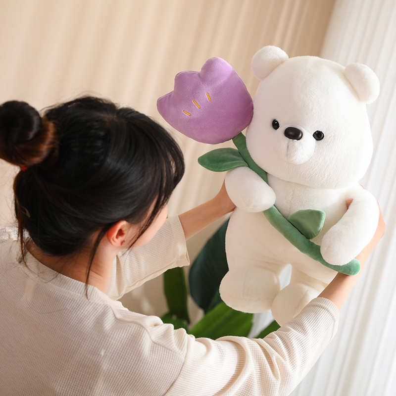 New 30-50cm White Bear Holding Tulip Flower Stuffed Soft Animal Teddy Bear Plush Toys for Girl Kids Lovers Birthday Gift