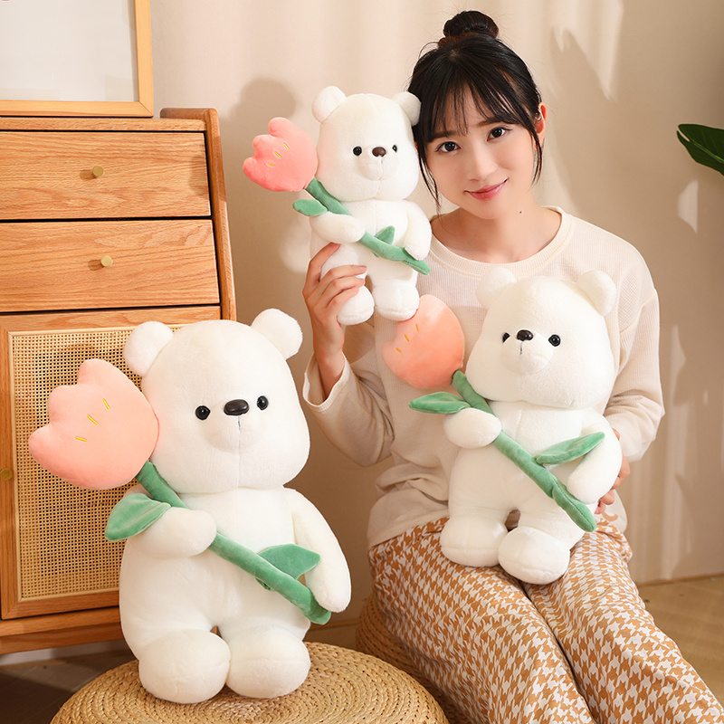 New 30-50cm White Bear Holding Tulip Flower Stuffed Soft Animal Teddy Bear Plush Toys for Girl Kids Lovers Birthday Gift