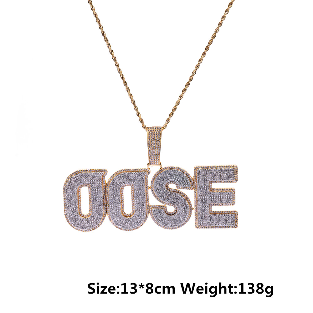 Nom personnalisé Deux Couches Pierres Grande Taille Lettres Pendentif Collier pour Hommes Prong Réglage Plaqué Hip Hop Bijoux