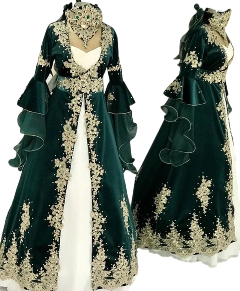 Hunter Green Kaftan Turkish Evening Dresses Flare Long Sleeves Velvet Formal Party prom Gowns Arabic Dubai Gelinlik