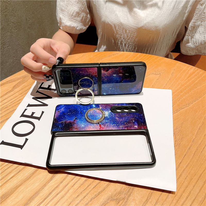 Luxuriöse Space Vogue-Handyhülle für Samsung Galaxy Folding Z Flip3 Flip4 5G, langlebig, Diamant-Ringhalter, vollständig schützende, weiche Stoßstange, Galaxy Starry Fold Shell, stoßfest