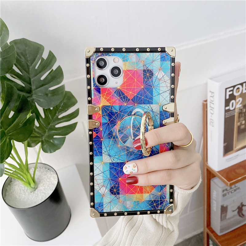 Luxury Geometric Print Gradient Square Plating Vogue Phone Case for iPhone 14 13 12 11 Pro Max Samsung Galaxy S23 Ultra S22 S21 S20 Ring Holder Rhombus Pattern Shell