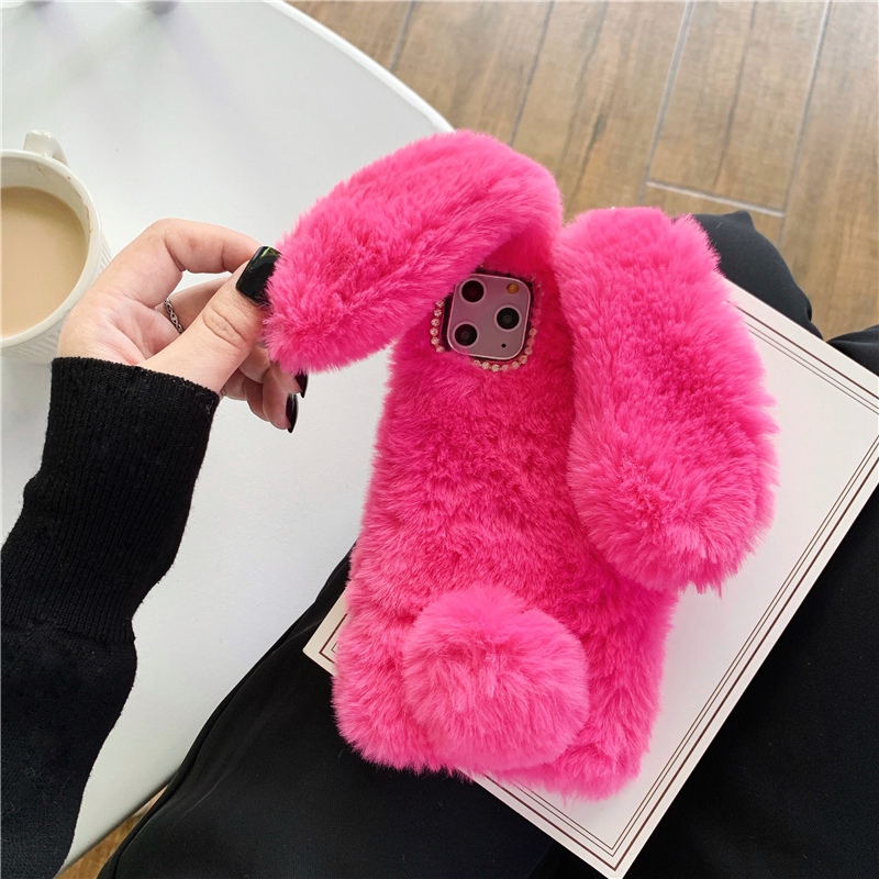 Luksusowy kreskówkowy Rabbit Plush Plant Placing Voge Telefon dla iPhone'a 14 13 12 11 Pro Max Samsung Galaxy S23 Ultra S22 Plus S21 S20 Fashion Women Cute Fur Cover Cover ShockProof