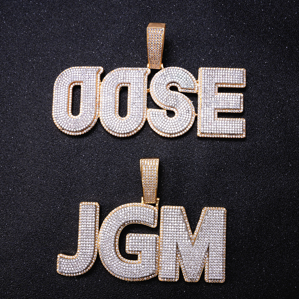 Nom personnalisé Deux Couches Pierres Grande Taille Lettres Pendentif Collier pour Hommes Prong Réglage Plaqué Hip Hop Bijoux