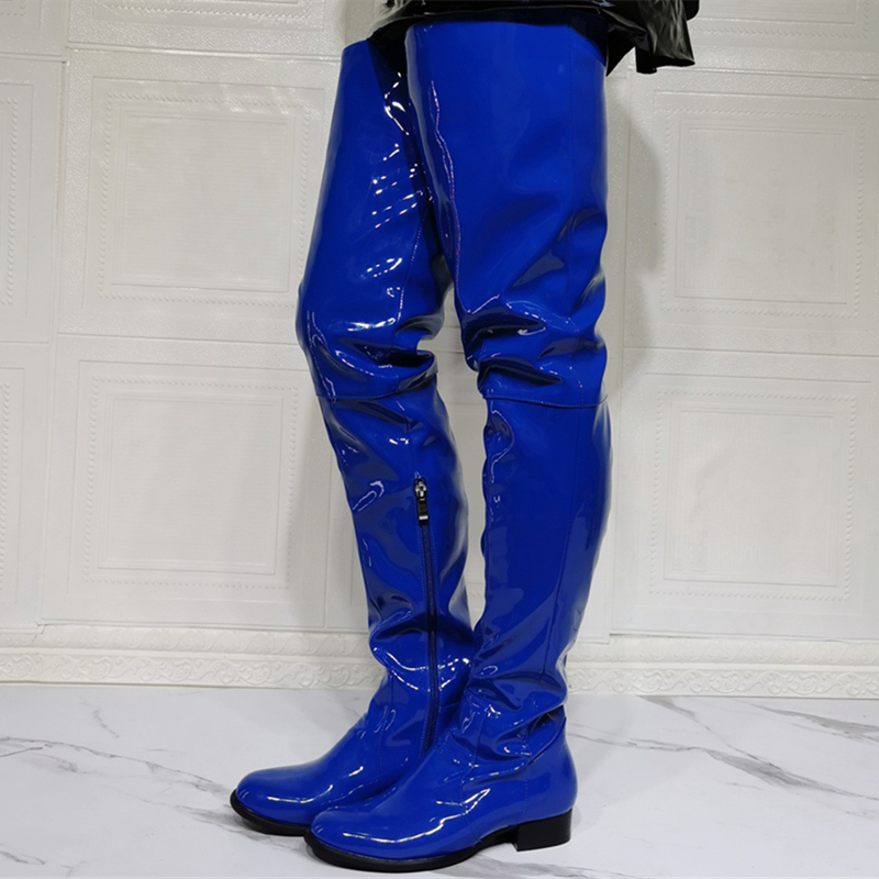 Custom Big Size 47 Blue Patent Leather Shoes Boots Round Toe Low Square Heel Women Over Knee High Boots Thigh Fashion