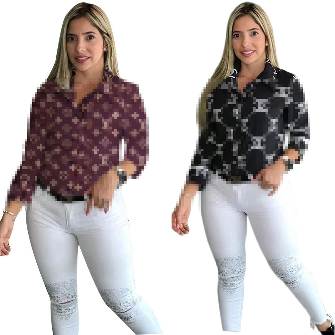 2023 Women Blouses Shirts Designer Print Shirt Tops Long Sleeve Slim Fit Shirt Free Ship