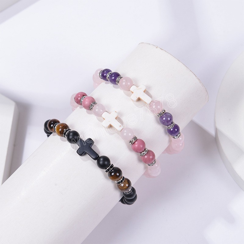 8mm Natuurlijke Roze Kristal Stenen Kralen Handgemaakte Gevlochten Paar Armband voor Vrouwen Mannen Micro Ingelegd Zirkoon Elastische Armband geschenken
