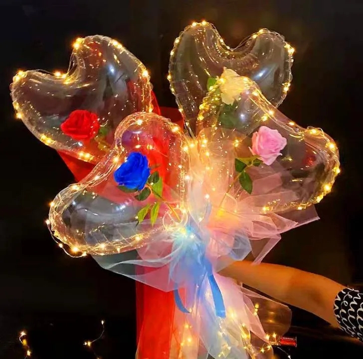 Decoração de festa LED Bobo Balão Luz intermitente Bola de flor rosa em forma de coração Transparente Casamento Dia dos namorados Presente por mar