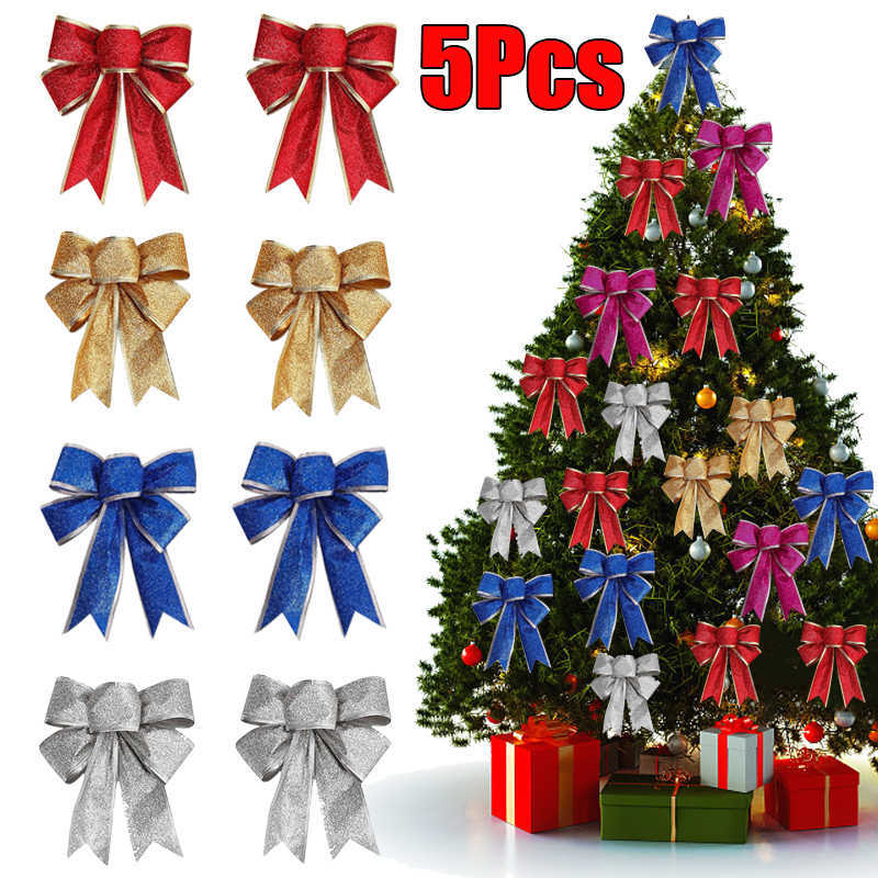 New Christmas Bows Decoration Xmas Tree Hanging Pendant Gold Red Ribbon Bowknot New Year Navidad Christmas Home Decor Ornaments