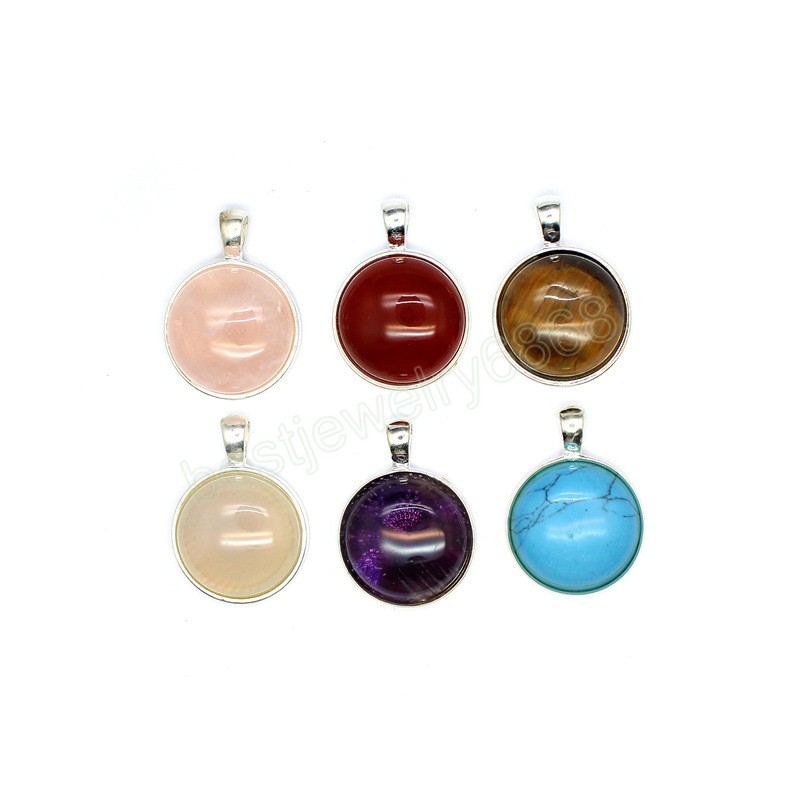 Natural Crystal Stone Pendants Small Round Cabochon Charm Reiki Agates Tiger Eye Pink Quartz Pendant for Necklace Jewelry Making