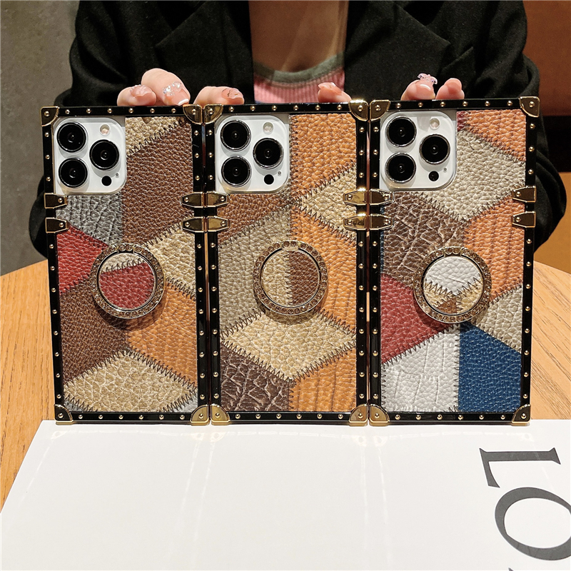 Luxury Geometric Print Square Plating Vogue Phone Case för iPhone 14 13 12 11 Pro Max Samsung Galaxy S23 Ultra S22 Plus S21 S20 Ring Holder Plaid Print Bracket Back Covers