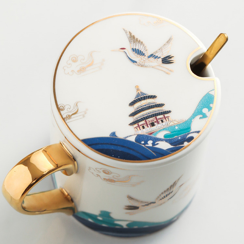 Creative Chinese Style Large-Capacity Couple Coffee Tea Cup Water Cup National Tide Ceramic Cup with Lid Spoon