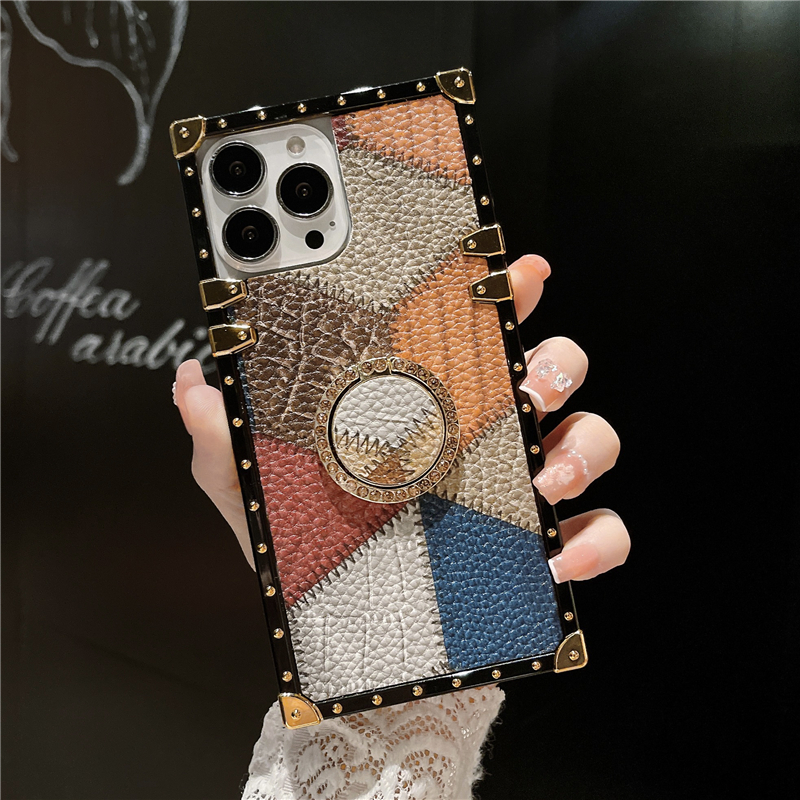 Luxury Geometric Print Square Plating Vogue Phone Case for iPhone 14 13 12 11 Pro Max Samsung Galaxy S23 Ultra S22 Plus S21 S20 Ring Holder Plaid Print Bracket Back Cover