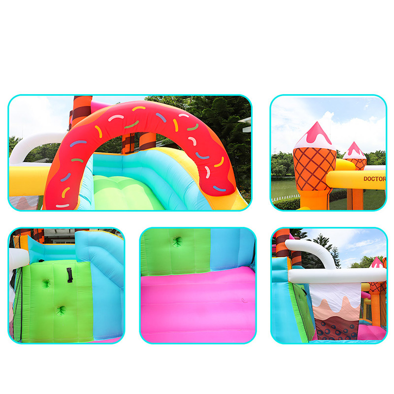 Uppblåsningsbart studshus för barn Playhouse Ice Cream Donut efterrätt Party Jumping Park utomhus lek bouncy slott med glidblåsare och bollpool små leksaker