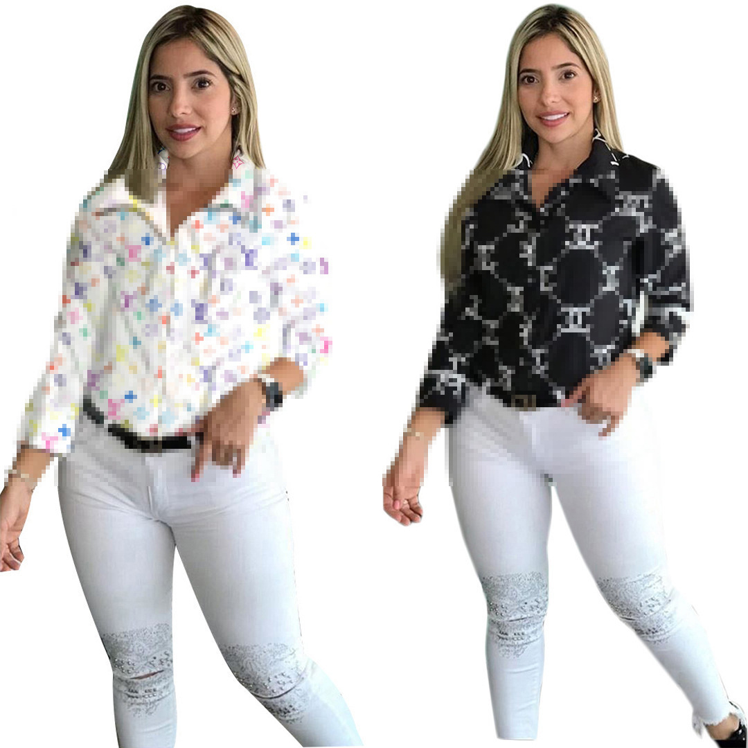 2023 Women Blouses Shirts Designer Print Shirt Tops Long Sleeve Slim Fit Shirt Free Ship