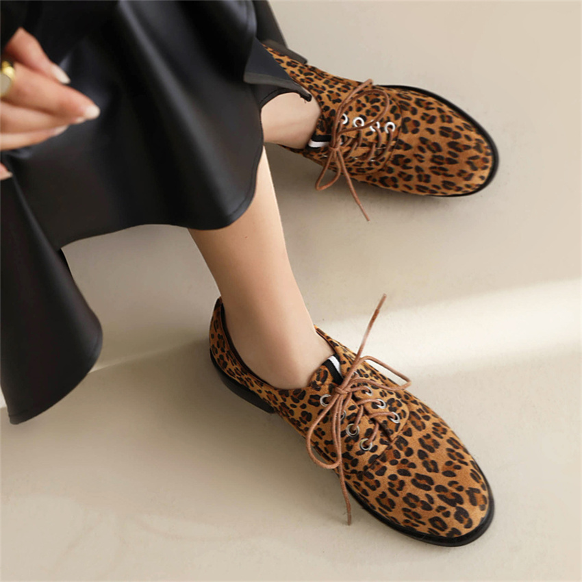 Women Shoes 2023 Spring Casual Low Heel Female Single Shoe Leopard Print Lace-Up Wearable for Men and Women 40-43 Dropshopping