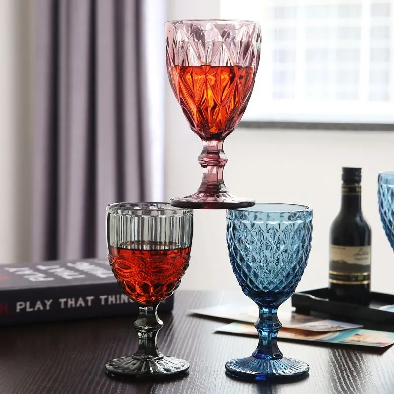 10oz Weingläser, farbiger Glaskelch mit Stiel, 300 ml, Vintage-Muster, geprägt, romantisches Trinkgeschirr für Party, Hochzeit, FY5509 0616