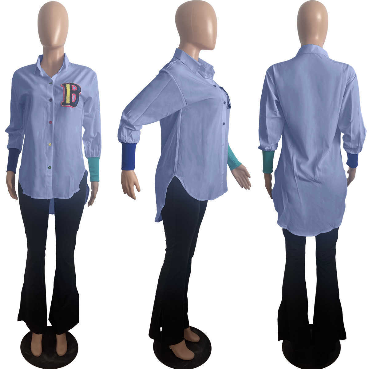 Camisa bordada de manga larga para mujer, blusa cárdigan con botones coloridos empalme de hilo de Color a la moda informal, Tops