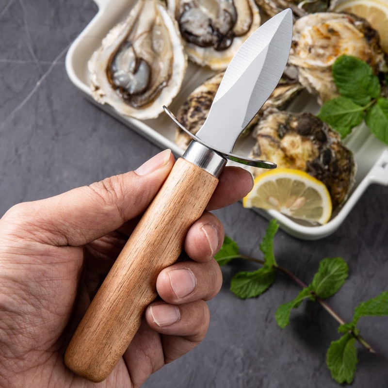 Ouvre-couteau d'écaillage de palourde d'huître d'acier inoxydable avec l'outil d'ouvreurs de coquille tranchants de cuisine de fruits de mer de poignée en bois