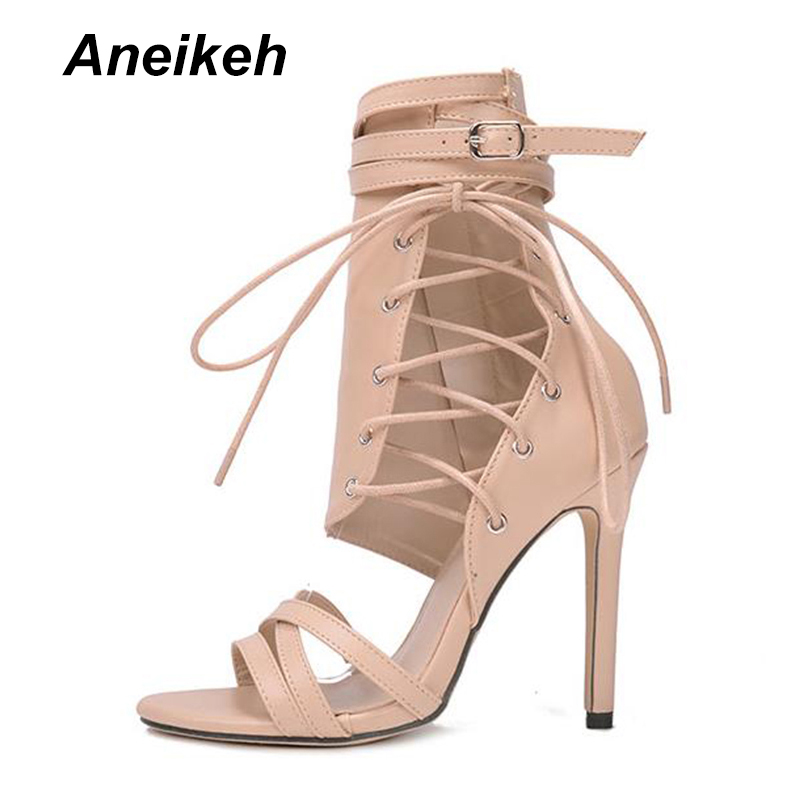 Roman Buckle Strap Shoes Women Sandals Sexy Gladiator Cross-Tied Lace Up Peep Toe High Heels Ankle Boots Black Aprict