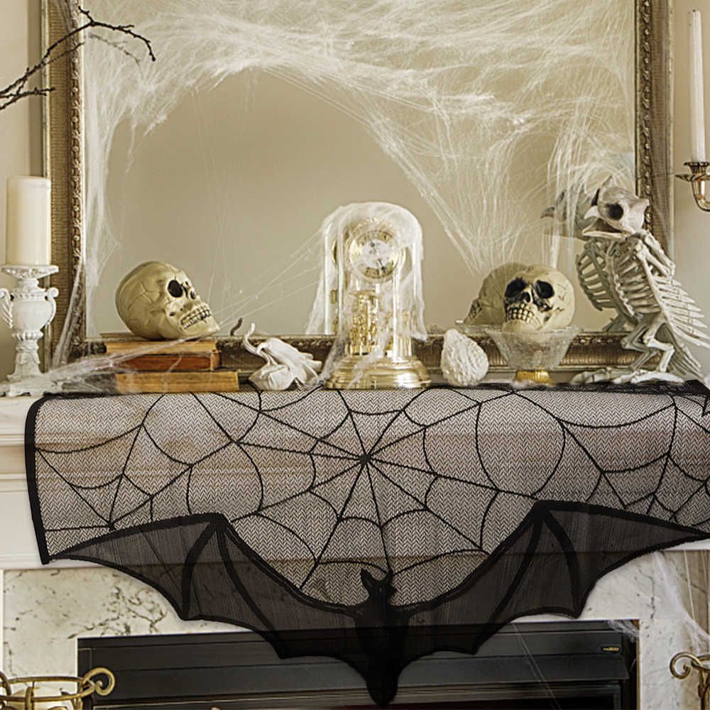 Nova decoração de halloween cortina abajur lareira decoração renda preta aranha toalha de mesa para festa de halloween decoração adereços ferramentas