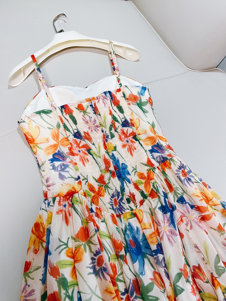 Vestido verão 2023 estampa floral multicolorido com alça espaguete e decote coração curto vestidos casuais J3L127868