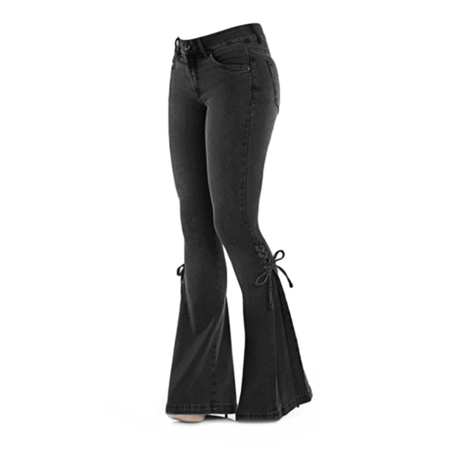 Sexy Mid Waisted Stretch Flared Broek Vrouwen Slim Fit Denim Jeans Wijde Pijpen Casual Koreaanse Stijl Skinny Bell Bottom Pocket Broek