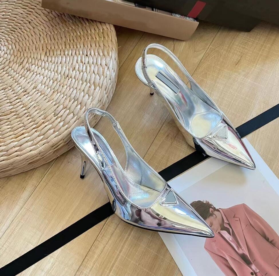 Sandals Designer High-Heeled Sandal Silver Shiny Leather Mid-Heel Sandals Women Luxury Summer High Heels Shoes High Quality Wedding Party Sandal