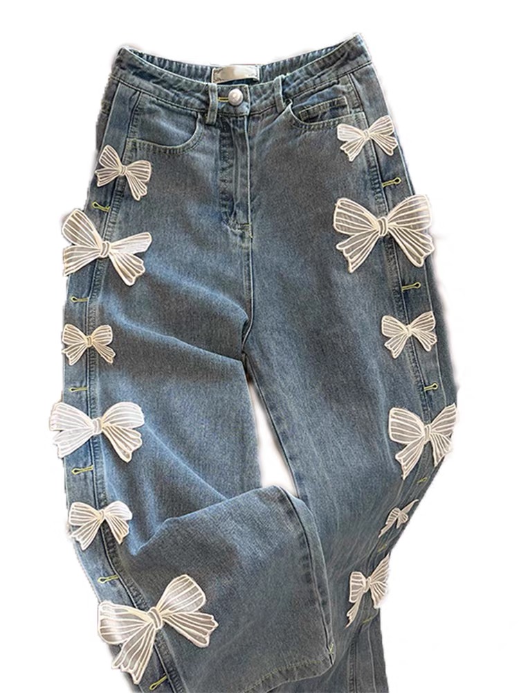 Hoch taillierte Denim-Schlankheitsspitze mit Stickerei, lässig, locker, 2023 neue vielseitige Damenhose