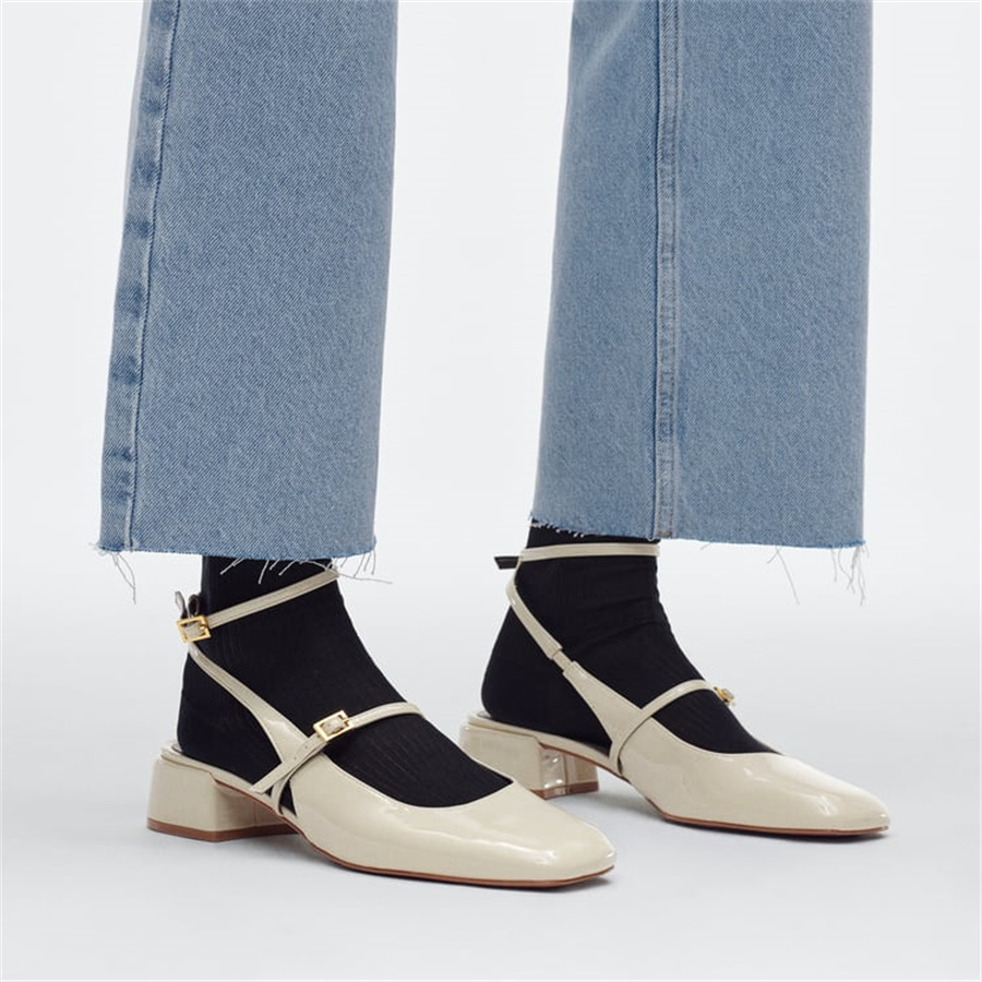 Kvinnesandaler 2023 Casual Low Heel Kvinnlig elegant ankelband Bekväm fyrkantig häl slingbacks kvinna kvadrat tå lady skor