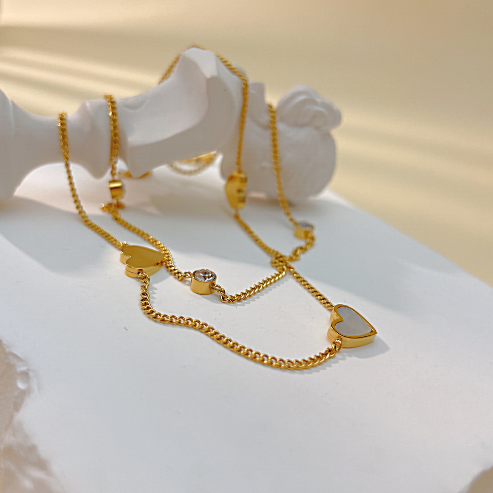meisjes armband enkelbanden eenvoudige mode zomer sieraden dubbel gelaagd roestvrij staal shell hart boor enkelbandje voor vrouwen 8,5 inch + 6 cm goud n155