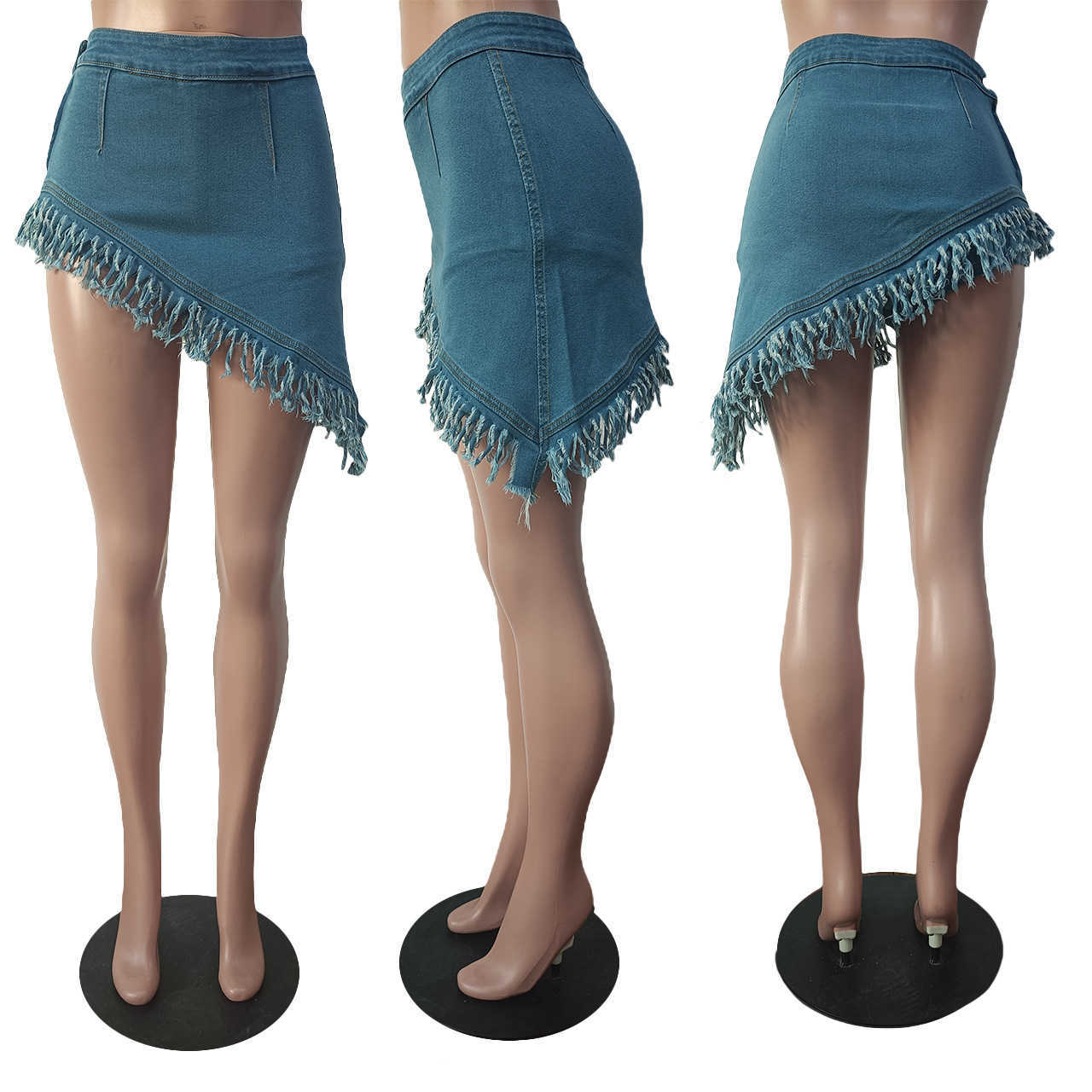 Summer Women Blue Jeans New Denim Shorts Slim Fit Elastic Beveled Apron Tassel Skirt