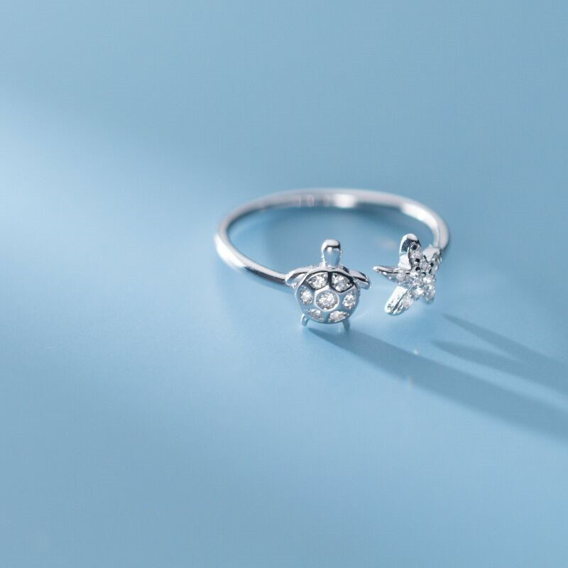 Women Band Rings Retro Vintage Cute Turtle and Sea Star Ring Simple Zircon Ring for Girl Birthday Present