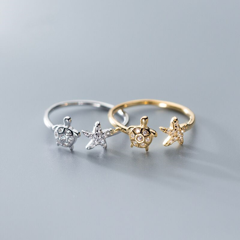 Women Band Rings Retro Vintage Cute Turtle and Sea Star Ring Simple Zircon Ring for Girl Birthday Present