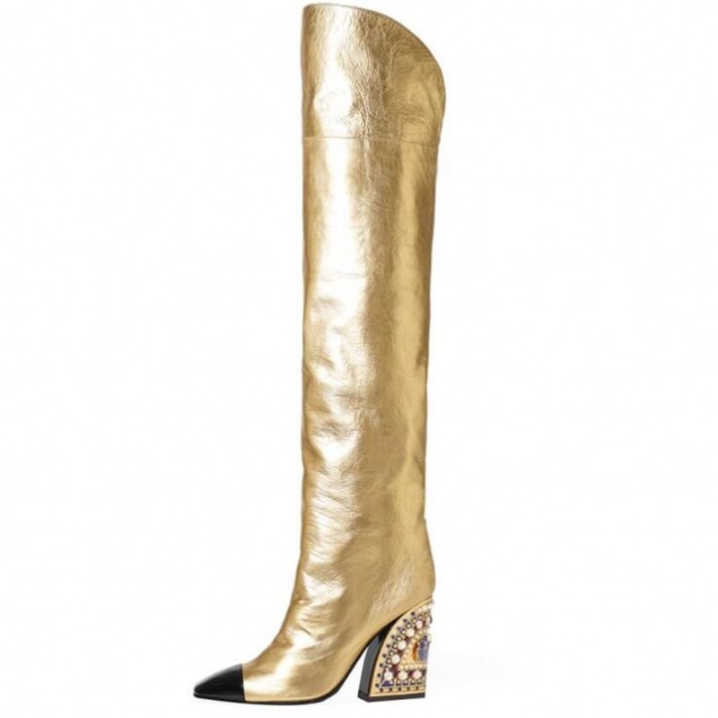 Overknee-Stiefel für Damen, modisch, hoher klobiger Absatz, goldene Stiefel, große Größe 35–42