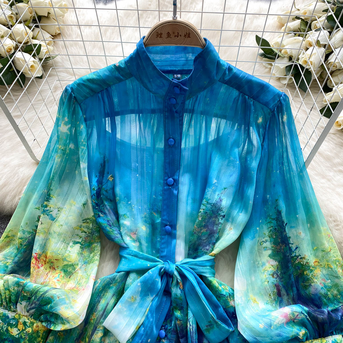 Casual Dresses Runway Blue Floral Mini Dresses Women Charming Flower Print Chiffon Holiday Stand Collar Long Lantern Sleeve Dress 234f