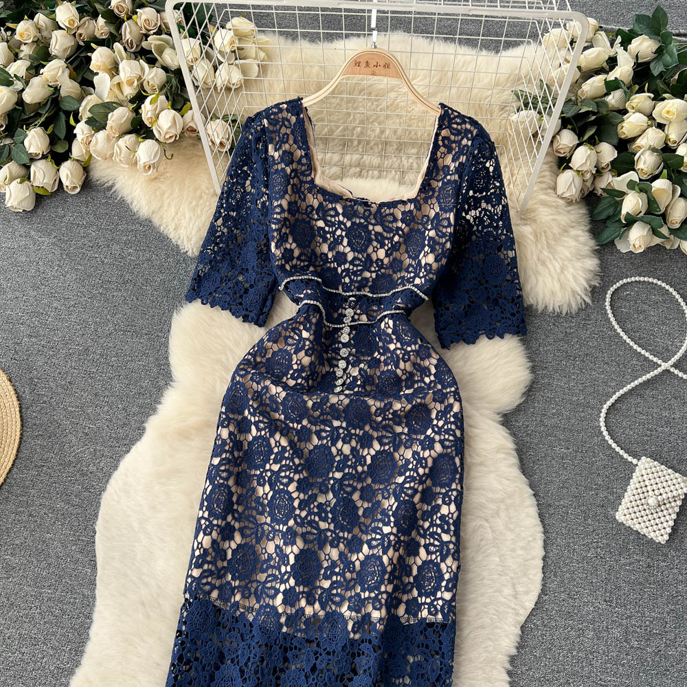 Casual Dresses French Square Neck Hollow Hook Flower Diamond Lace Wrap Hip Dress for Women's Summer Celebrity Retro Party Clo335U