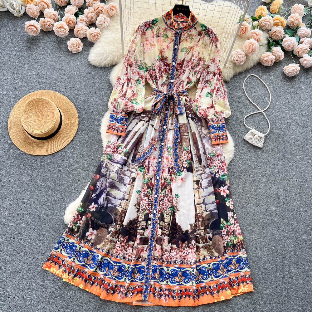 Casual Dresses Runway Maxi Dress Women's Long Lantern Sleeve Stand Gorgeous Flower Print Long Dress Kvinnliga knappar Up Sashes Holidays Dress 2023