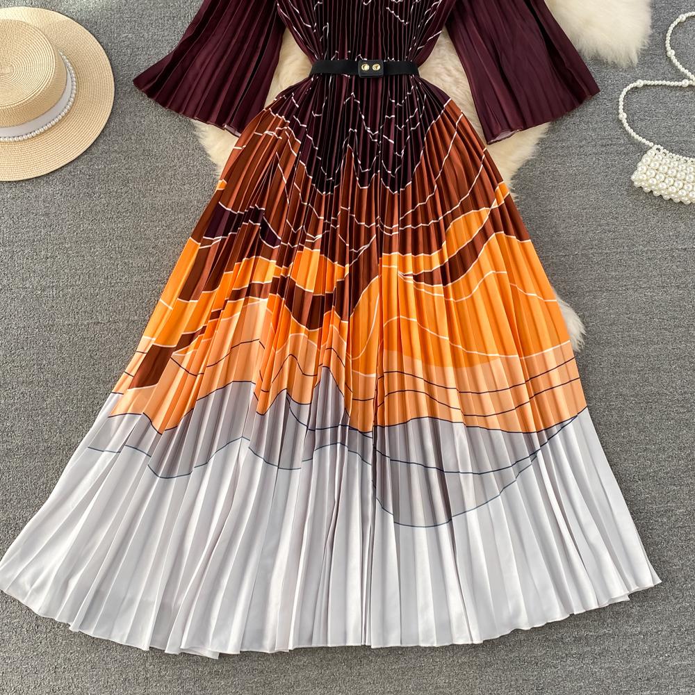 Casual Dresses Summer Vintage Print Pleated Casual Long Dresses Women Runway Designer Flare Sleeve Loose Lace-up Female Midi Vesti253J