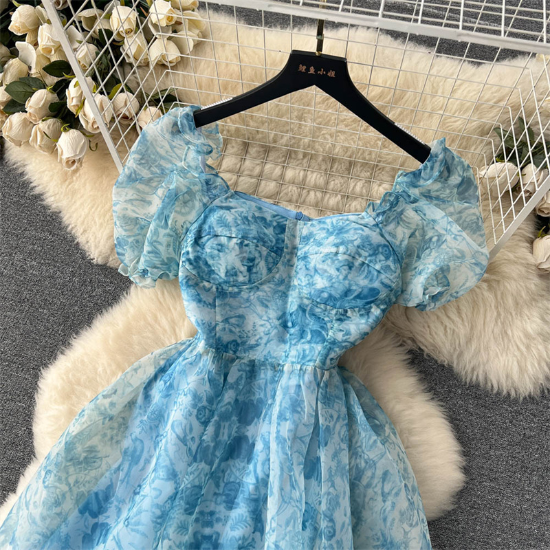 Casual Dresses Summer New Women Square Neck Puff Sleeve Floral Dress Blue Orange Mid-Length Organza Dresses Sweet Evening Party Dress Vestidos 2023