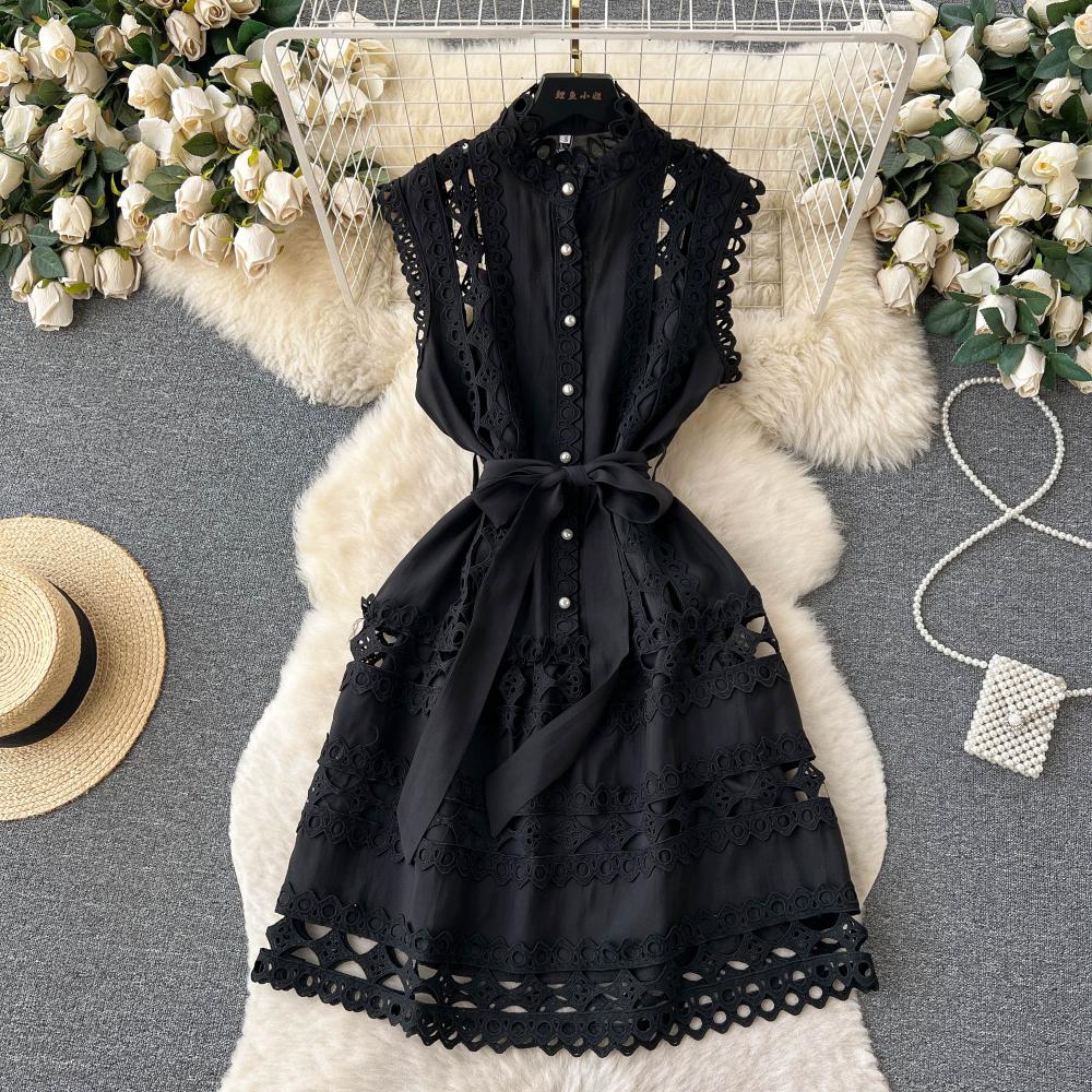 Casual Dresses Vintage Hollow Out Lace Floral Embroidery Dress Summer Autumn Women Sleeveless Sashes Short Dresses Runway Vestidos248o