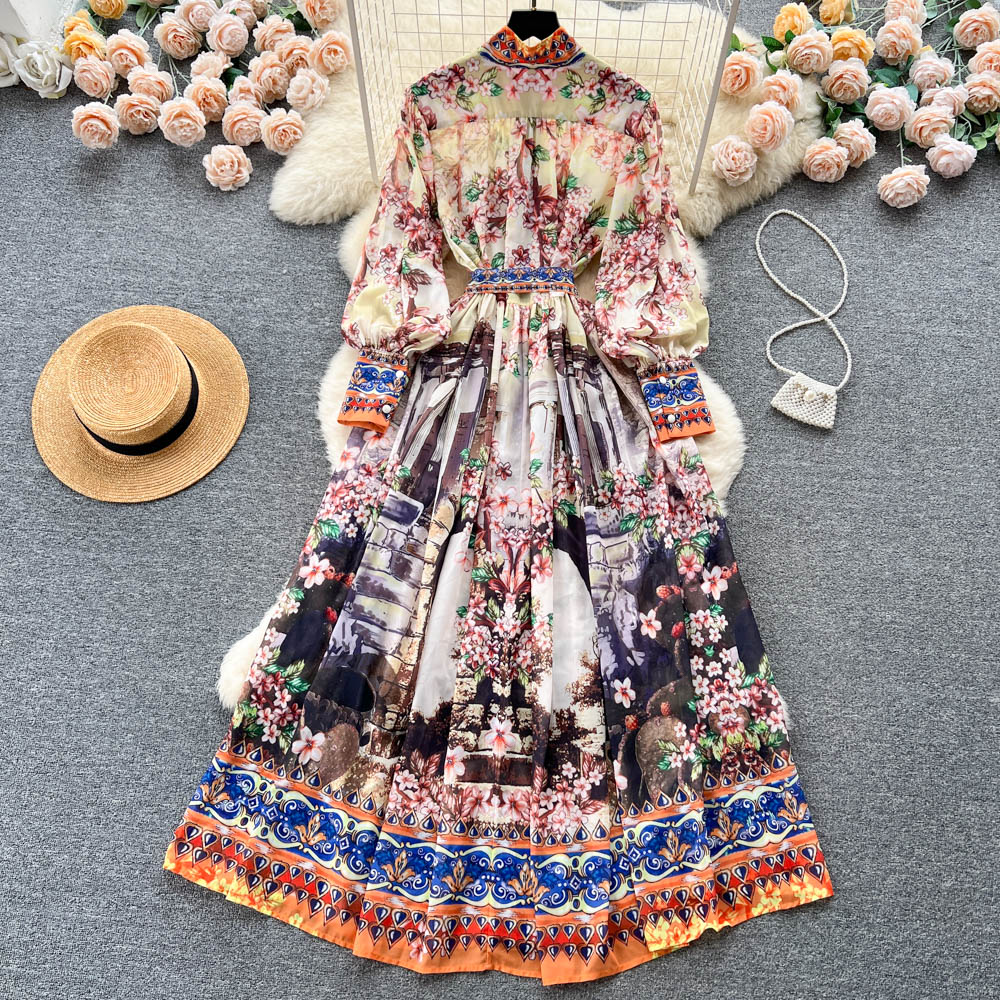 Casual Dresses Runway Maxi Dress Women's Long Lantern Sleeve Stand Gorgeous Flower Print Long Dress Female Buttons up Sashes 349t