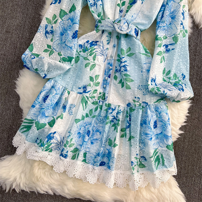 Spring Women Hollow Out Цветочный принт короткий платье подставки для ошейника украшения дамы с длинным рукавом зеленые синие vestidos 2023