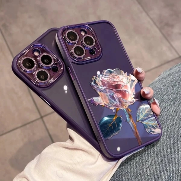 Luxuriöse Fairy Rose Handyhülle für iPhone 15 14 13 12 11 Pro Max Plus Farbgemälde Handyhülle mit vollem Glitzer-Linsenfilmschutz