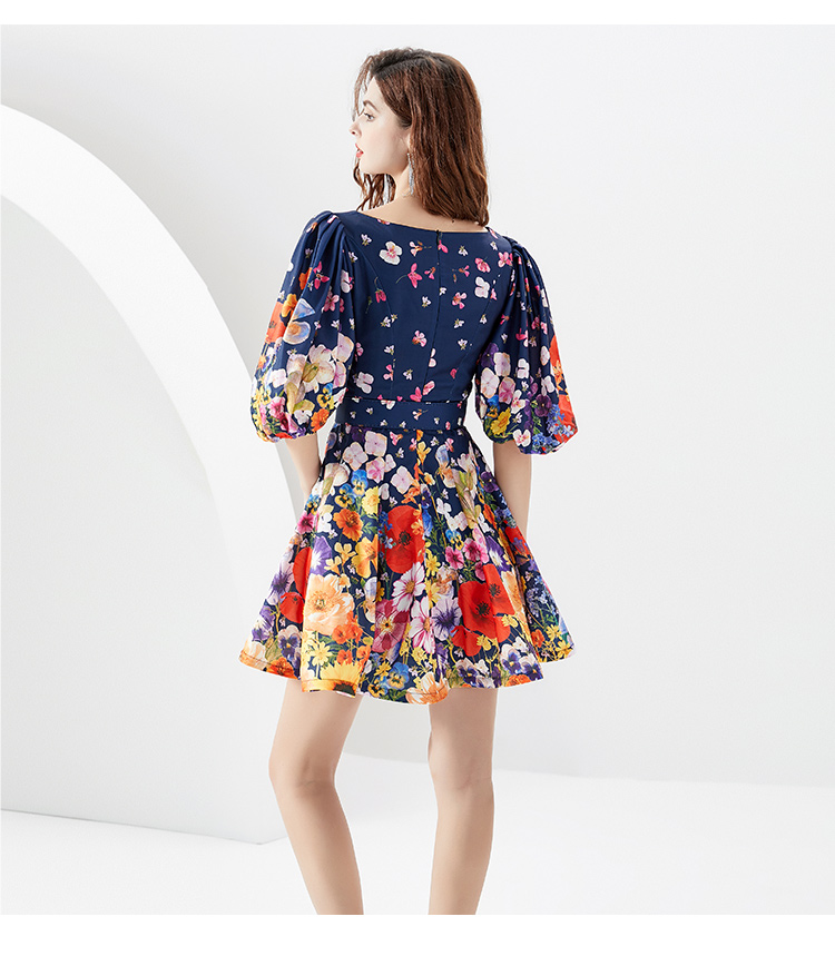 Casual Dresses Summer Holiday Vacation Mini Dress Women Runway V-Neck Lantern Sleeve Flower Paintings Belt Ruffles Short Vestidos 2023