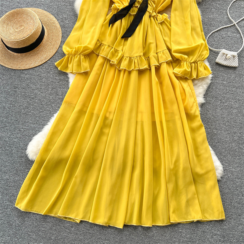 Casual Dresses Spring Summer Mid-Längd Women Solid Color Chiffon Dress Bow Lace-Up Ruffles Slim High midje långärmad damer Dre177o